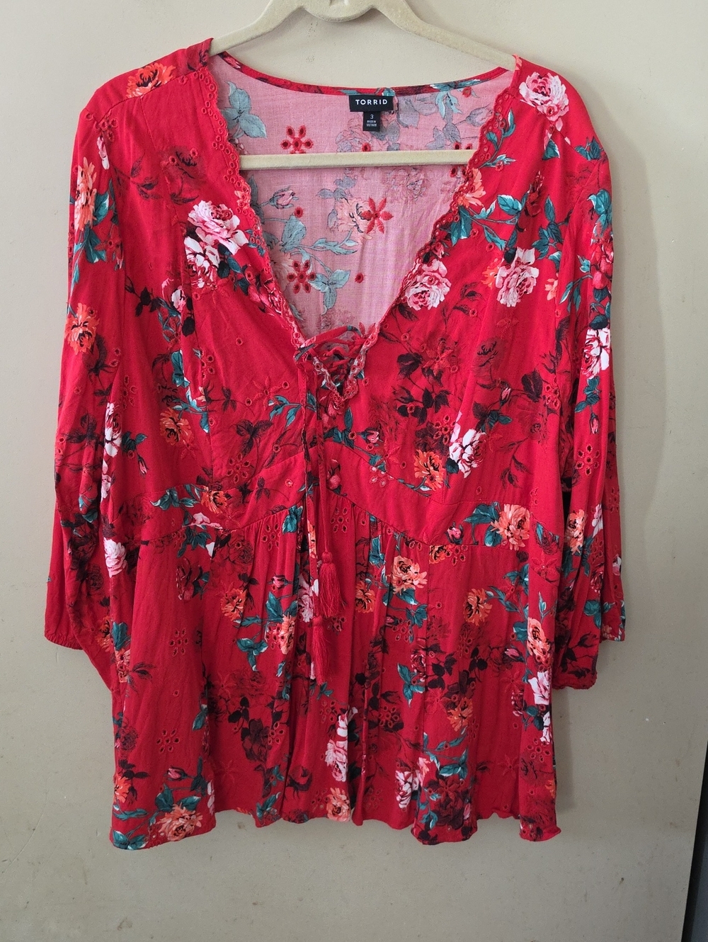 torrid Red Floral Lace-Up V-Neck Tunic